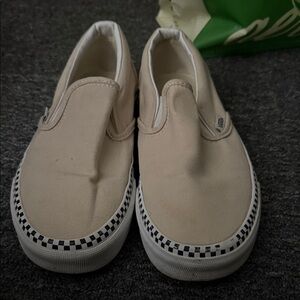 Vans Cream Slip-On Sneakers with Checkered Trim